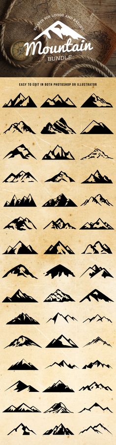 mountain silhouettes are shown in black and white