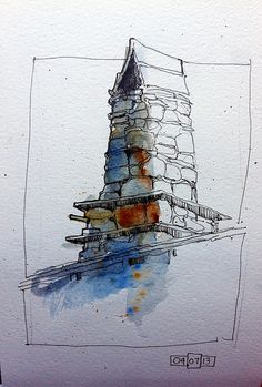 a drawing of a tower made out of rocks and watercolors on white paper