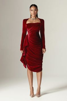 Narin Draped Midi Dress (Maroon) Pre-draped Fitted Evening Dress For Banquet, Formal Draped Velvet Dress, Elegant Draped Velvet Evening Dress, Fitted Pre-draped Evening Dress For Banquet, Fitted Ruched Velvet Cocktail Dress, Fitted Ruched Velvet Dress For Cocktail, Elegant Draped Velvet Dress For Party, Elegant Fitted Ruched Velvet Dress, Elegant Draped Velvet Dress