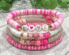 Valentines Day Beaded Bracelet Name Bracelet Heishi Bracelet Heart Bracelet Gold Bead Bracelet Kids Bracelet Custom Jewelry - Etsy Pink Bead Bracelet, Bead Bracelet Stack, Heishi Bead Bracelet, Make Clay Beads, Arm Candy Bracelets, Clay Bead Necklace, Preppy Bracelets