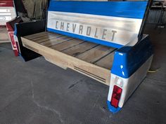 a blue and white truck bed with the word cheva diet on it