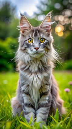 a gray and white cat sitting in the grass