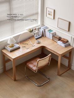 a corner desk with a chair next to it and a lamp on the table beside it