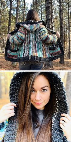 two photos with the same woman wearing a jacket in different colors and patterns, one is holding