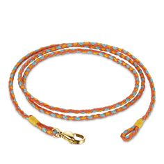 an orange and blue leash with gold clasps