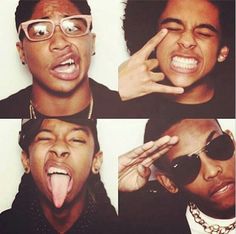 four different pictures of a man with his tongue hanging out and making silly face expressions