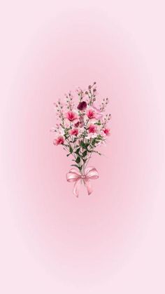 a bouquet of pink flowers on a pink background with a bow in the middle and one flower sticking out of it's center