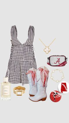 #alabama #tailgate #ootd #outfitinspo #trendy #redandwhite #dress #football #gameday #college Gameday Outfit Inspiration, Arkansas Football Game Outfit, White Out Game Outfit Football, Bama Outfits, Uofsc Gameday, Alabama Tailgate, Tailgate Outfit College, Alabama Gameday Outfit, College Football Game Outfit