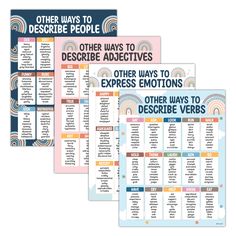 three calendars with different types of words and phrases on them, one has an image of