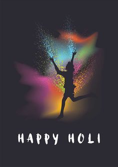 a person jumping in the air with colored powder on their body and words happy holi