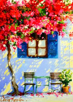 a painting of two benches under a tree with red flowers on it and blue shutters