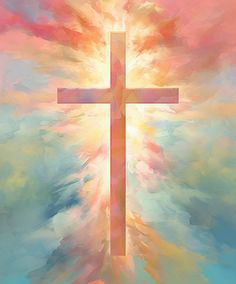 a painting of a cross in the sky with clouds and sun rays coming through it