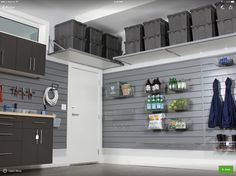 an image of a garage with various items on the wall and in storage bins