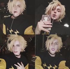 four different pictures of a person with blonde hair holding a cell phone in their hand