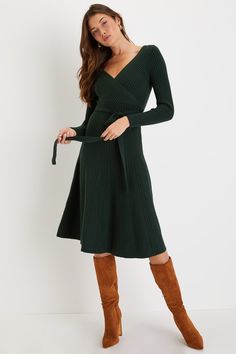 Green Surplice Dress - Midi Sweater Dress - Surplice Dress - Lulus Flared Skater Skirt, Green Sweater Dress, Midi Sweater Dress, Fancy Frocks, Christmas Dress Women, Sweater Dress Outfit, Winter Dress Outfits, Eve Dresses, Ribbed Midi Dress