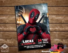 Funny Deadpool Party Invitation, Awesome Ryan Reynolds Birthday Invite Deadpool Invitations, Train Party Invitations, Deadpool Party, Lion King Invitation, Deadpool Birthday, Funny Deadpool, Superhero Party Invitations, Superhero Birthday Party Invitations, Construction Invitations