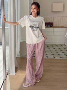 Slogan Graphic Drop Shoulder Tee & Plaid Print Pants PJ Set Pink   Short Sleeve Fabric Letter,Plaid Pant Sets Medium Stretch All Women Sleep & Lounge, size features are:Bust: ,Length: ,Sleeve Length: Comfy House Outfit, Piyama Aesthetic, Ootd Rumahan, Cute Loungewear Outfits, Casual Home Outfits, Pant Outfits For Women, Oversize Tshirt Outfits, Night Suit For Women, Plaid Pant