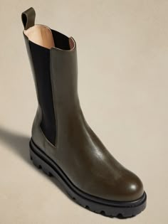 Hudson Tall Leather Chelsea Boot | Banana Republic Lug Boots, Lug Sole Boots, Style Basics, Leather Chelsea Boots, Olive Color, Laura Lee, Green Colour, Winter 2022, Chelsea Boot