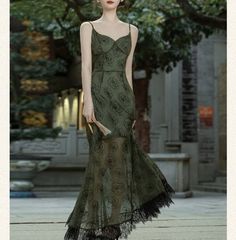 Windy Dance Whimsigoth Forest Fairy Dress Grunge Hoco Dress, Hoco Dress Green, Forest Fairy Dress, Hoco Dresses Green, Hoco Inspo, Olive Green Dresses, Black Lace Trim, Mythical Creature, Goth Dress