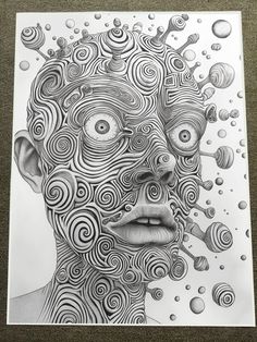 a black and white drawing of a man's face with bubbles coming out of it