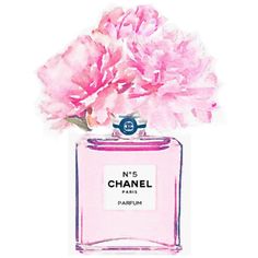 a pink perfume bottle with flowers in it's top and the words chanel written on its side