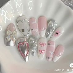 Trendy Pastel Nails, Pink Silver Nails, Ribbon Nails, Nails Coquette, Teen Nails, Coquette Nails, Nails Y2k, Nails Trending, Trending Nails