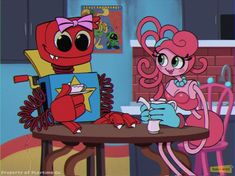 pinkie and her friend are sitting at the table