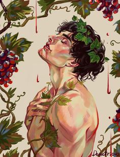 a painting of a shirtless man surrounded by vines and leaves with blood dripping from his face