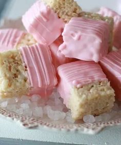 pink and white marshmallows on a plate with sea salt in the background