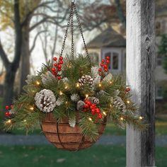 a hanging basket filled with pine cones and red berries is adorned with christmas lights in front of a house