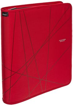 a red laptop case with lines on the front and sides, sitting in front of a white background