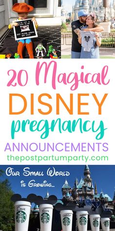 the disneyland theme park with text overlay that reads, 20 magic disney pregnancy announcements