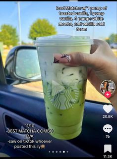 someone is holding up a starbucks drink in their hand with the caption, best matcha combo