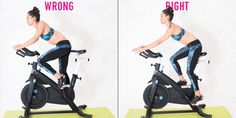 a woman is riding an exercise bike with the words wrong and right side by side