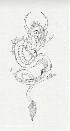 a drawing of a dragon with its head in the shape of a heart and tail