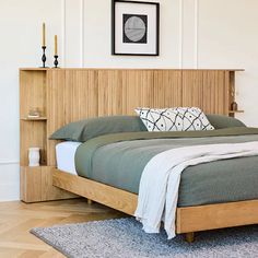 Oak King Sized Wood Headboard w/ Storage | Kouva | Article Wood Panelling Headboard, Wooden Headboard With Storage, Built In Headboard Wall Storage, Head Boards Design Wood, Bed Frame Ideas Wood, Bed Board Ideas, Japanese Headboard, Headboard Wall Ideas, Mcm Headboard