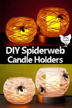 two spiderweb candle holders are shown with the words diy spiderweb candle holders