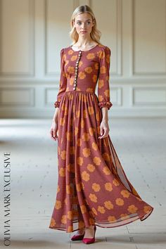 Olivia Mark - Elegant Rust Floral Midi Dress with Button Detail and Ruffled Sleeves Rich Burgundy, Flowing Skirt, Ruffled Sleeves, Center Stage, Floral Midi Dress, Fitted Bodice, Olivia Mark, Button Detail, Elegant Dresses