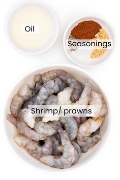 the ingredients for shrimp seasoning in bowls on a white background with text overlay that says shrimp seasonings, shrimp praws, oil, seasonings, and seasonings