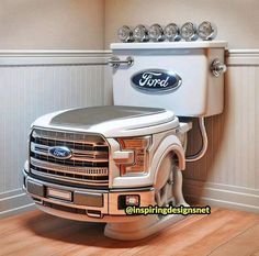 a ford toilet sitting in the corner of a room