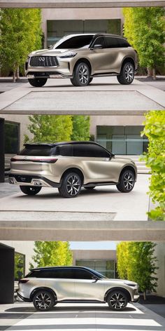 three different views of a silver suv parked in front of a building with trees and bushes