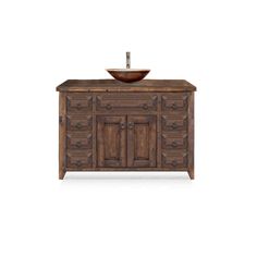 a bathroom vanity with a bowl sink and wooden cabinetry on the top, against a white background