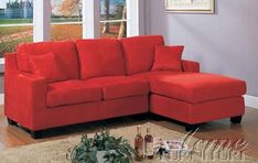 a red sectional sofa in a living room