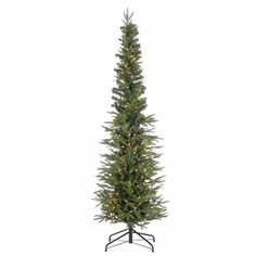 a tall artificial christmas tree with lights on it's sides and a black stand