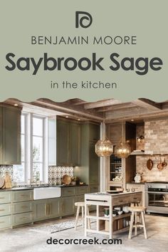 Saybrook Sage HC-114 in the Kitchen by Sherwin-Williams Benjamin Moore Saybrook Sage Kitchen, Saybrook Sage Kitchen, Green Lower Cabinets White Upper, Sage Kitchen Cabinets, Saybrook Sage, Green Onyx Kitchen, Sage Green Kitchen Walls, Sage Paint Color, Green Room Colors