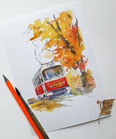 a watercolor painting of a bus driving down the road with autumn leaves on it