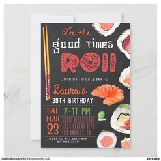 sushi birthday party flyer with chopsticks on it