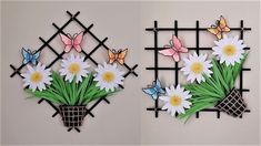 two pictures of flowers and butterflies on a wall