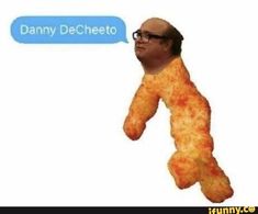 an image of a man in the air with a speech bubble above his head that says, damn de cheeto