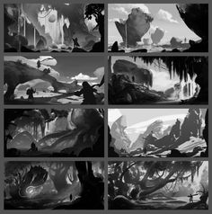 the concept art for an animated movie, with multiple scenes in black and white tones